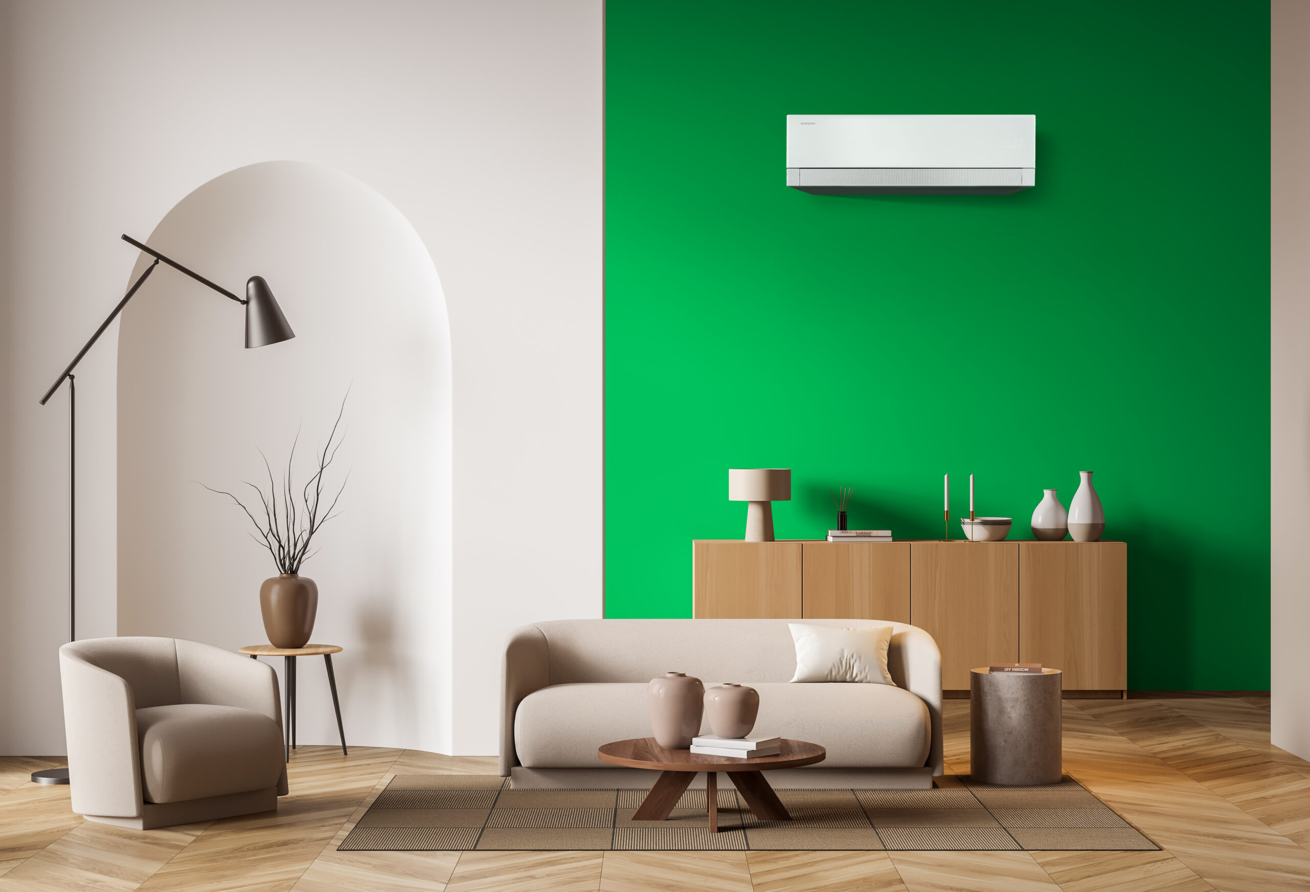 Weißes Wind-Free Klimagerät in modernem Wohnzimmer