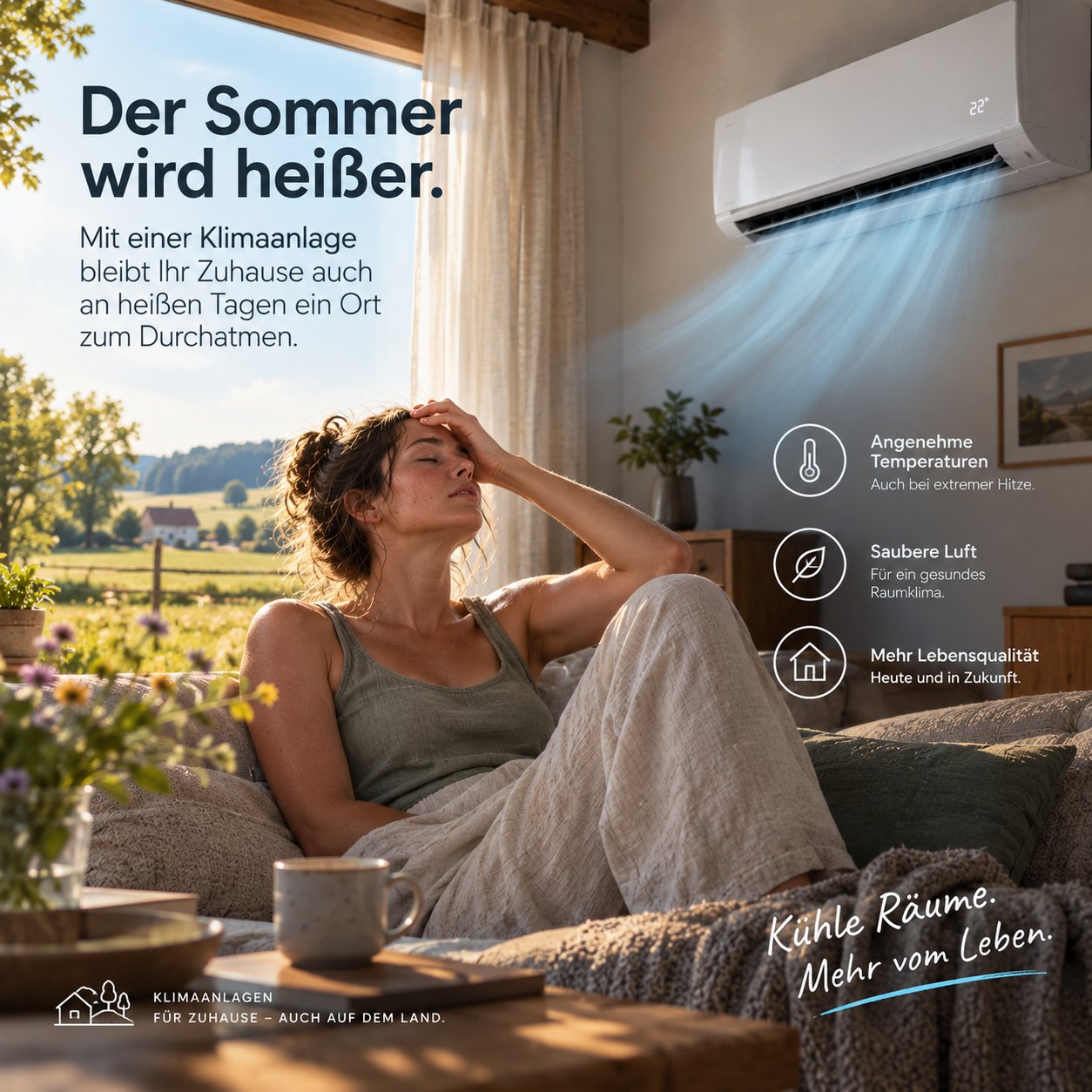 Frau an einem heißen Sommertag auf dem Sofa, die Klimaanlage kühlt den Wohnraum